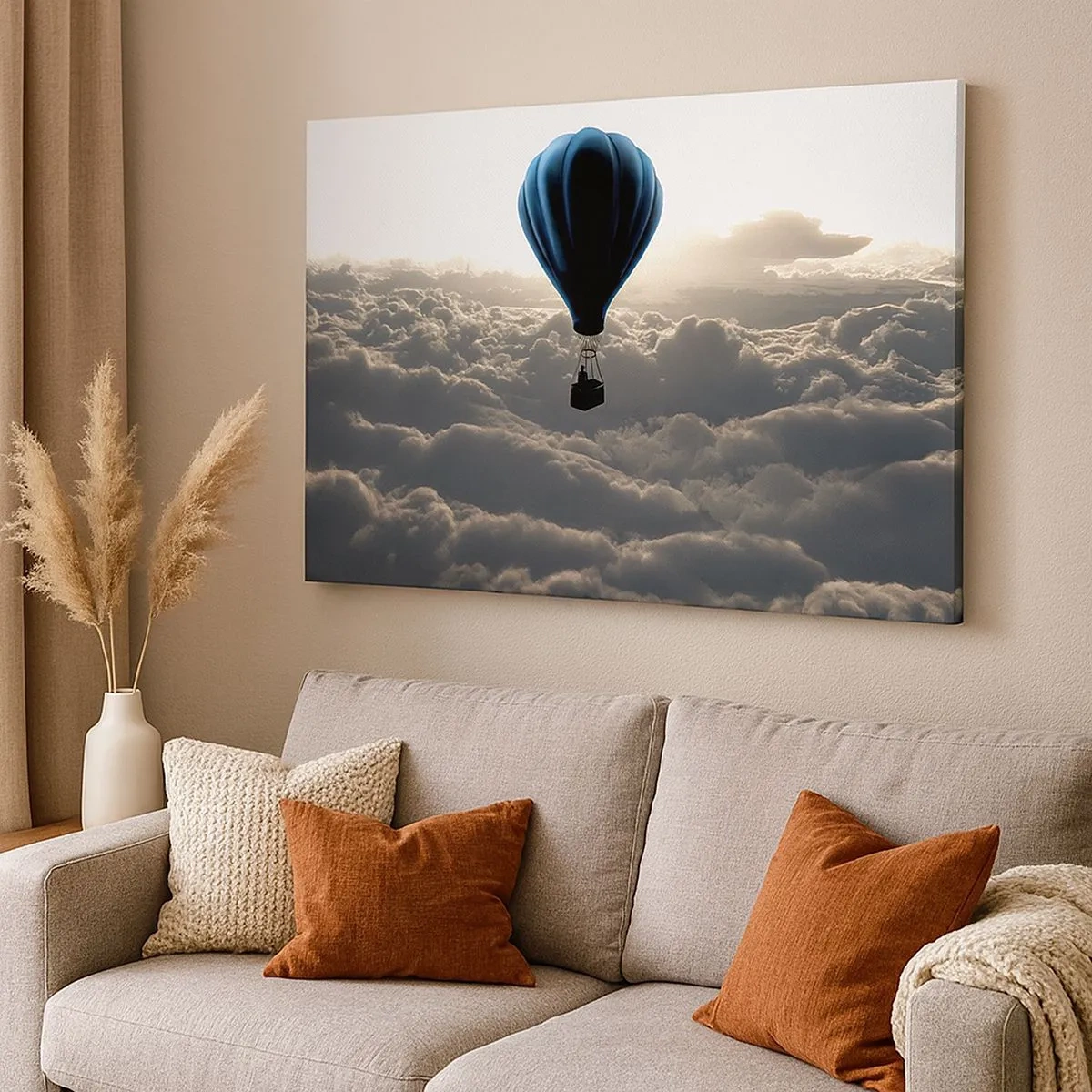 Quadro em tela - Um balão de ar quente contra um céu com nuvens ao pôr do sol - 70x50cm - Andarilho acima das nuvens - Decoração de parede moderna para a sala de estar e quarto ARTTOR