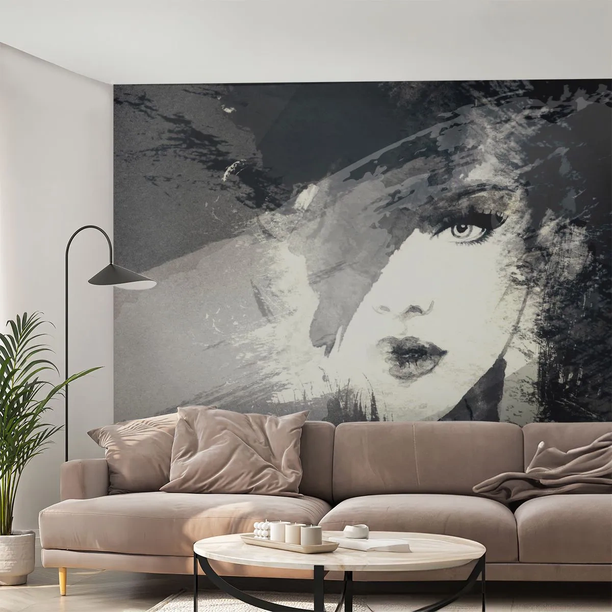 Papel de Parede Standard Eco - Retrato abstrato de uma mulher em tons de preto e branco - 100x70cm - Por trás do véu cinzento - Decoração de parede moderna para a sala de estar e quarto ARTTOR