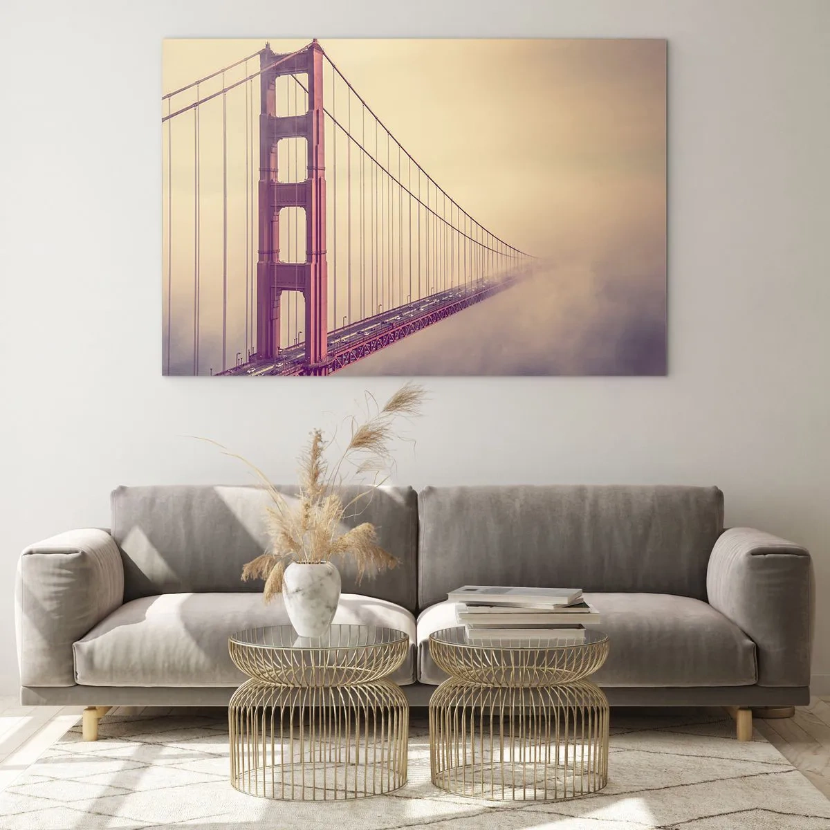 Quadro em vidro - Ponte Golden Gate de São Francisco em uma paisagem enevoada - 70x50cm - Entre o céu e a terra - Decoração de parede moderna para a sala de estar e quarto ARTTOR