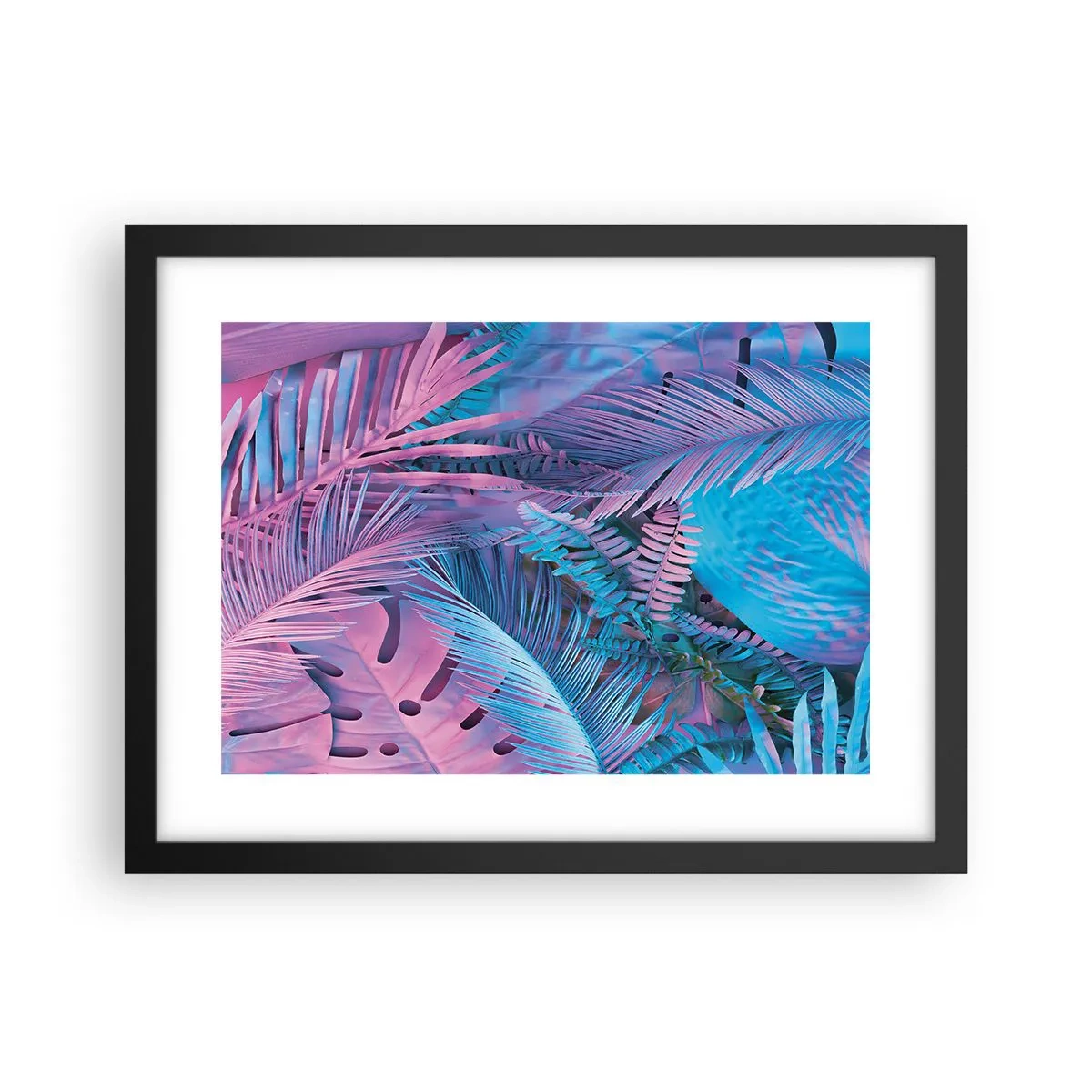 Pôster com moldura preta - Trópicos em rosa e azul - 40x30 cm