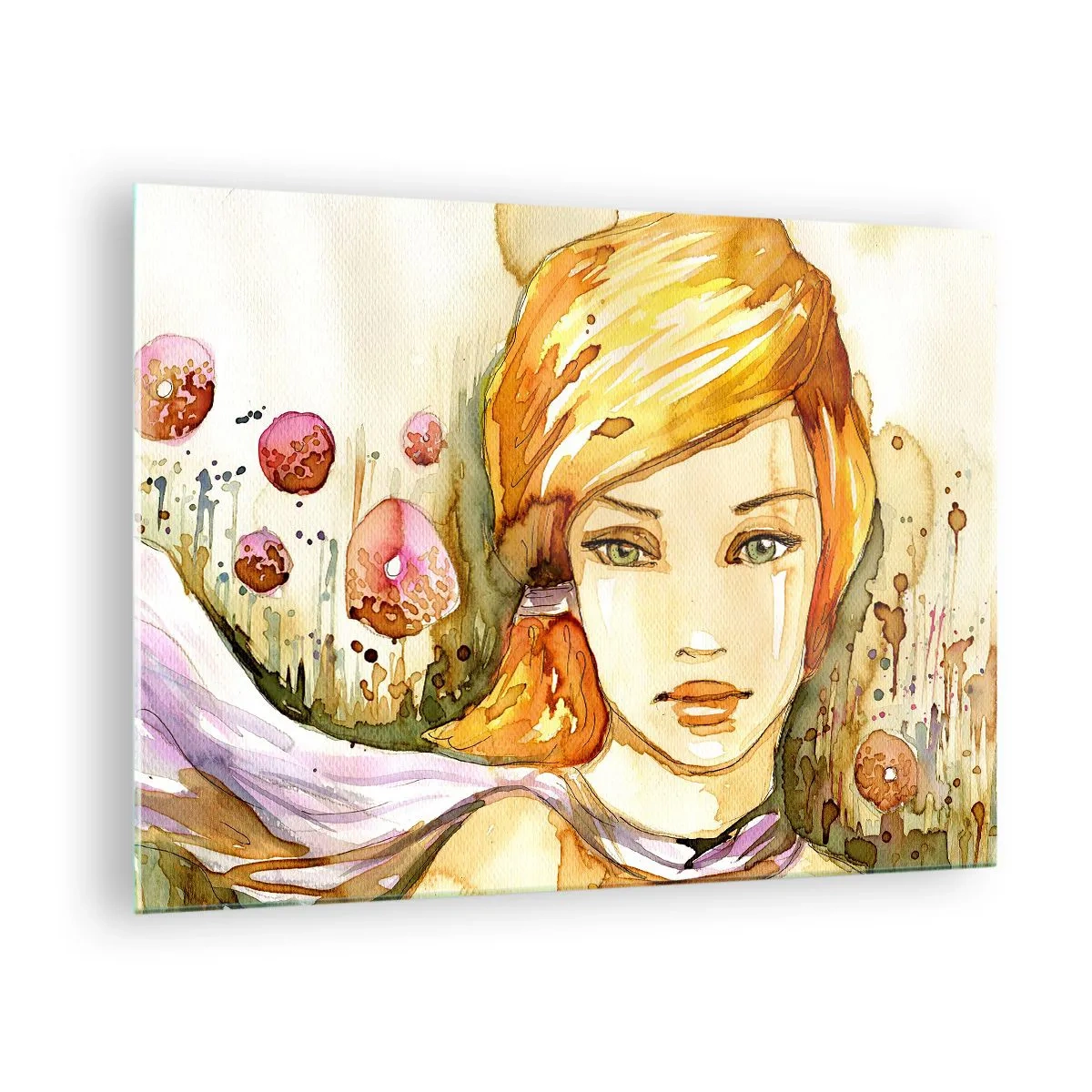 Quadro em vidro - Retrato de uma mulher em estilo aquarela com abstração - 70x50cm - Um olhar esmeralda que acalma a raiva - Decoração de parede moderna para a sala de estar e quarto ARTTOR