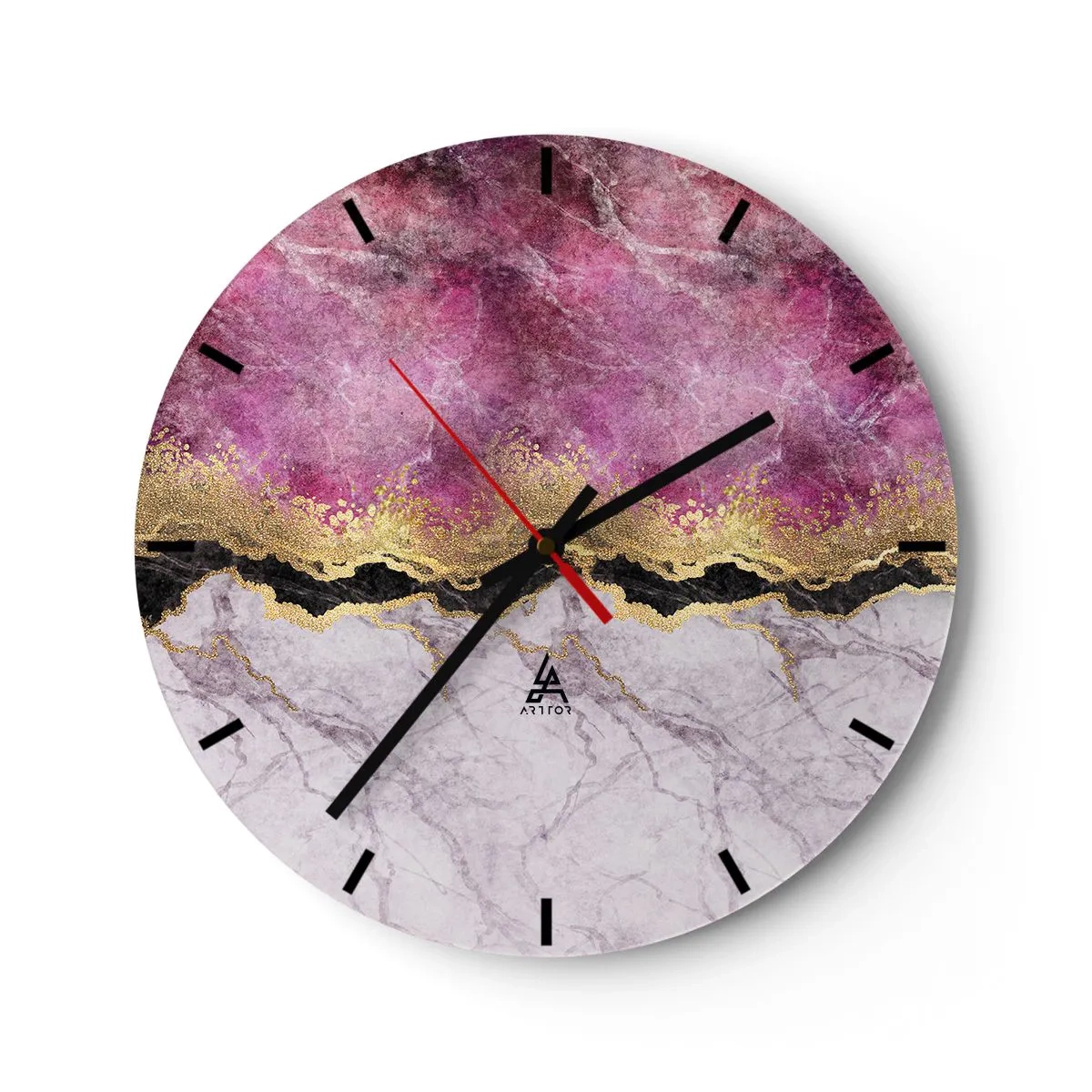 Relógio de parede - Relógio em vidro - Bailarina pulando com tecido rosa esvoaçante - 30x30cm - Na fronteira - Decoração de parede moderna para a sala de estar, cozinha e quarto ARTTOR