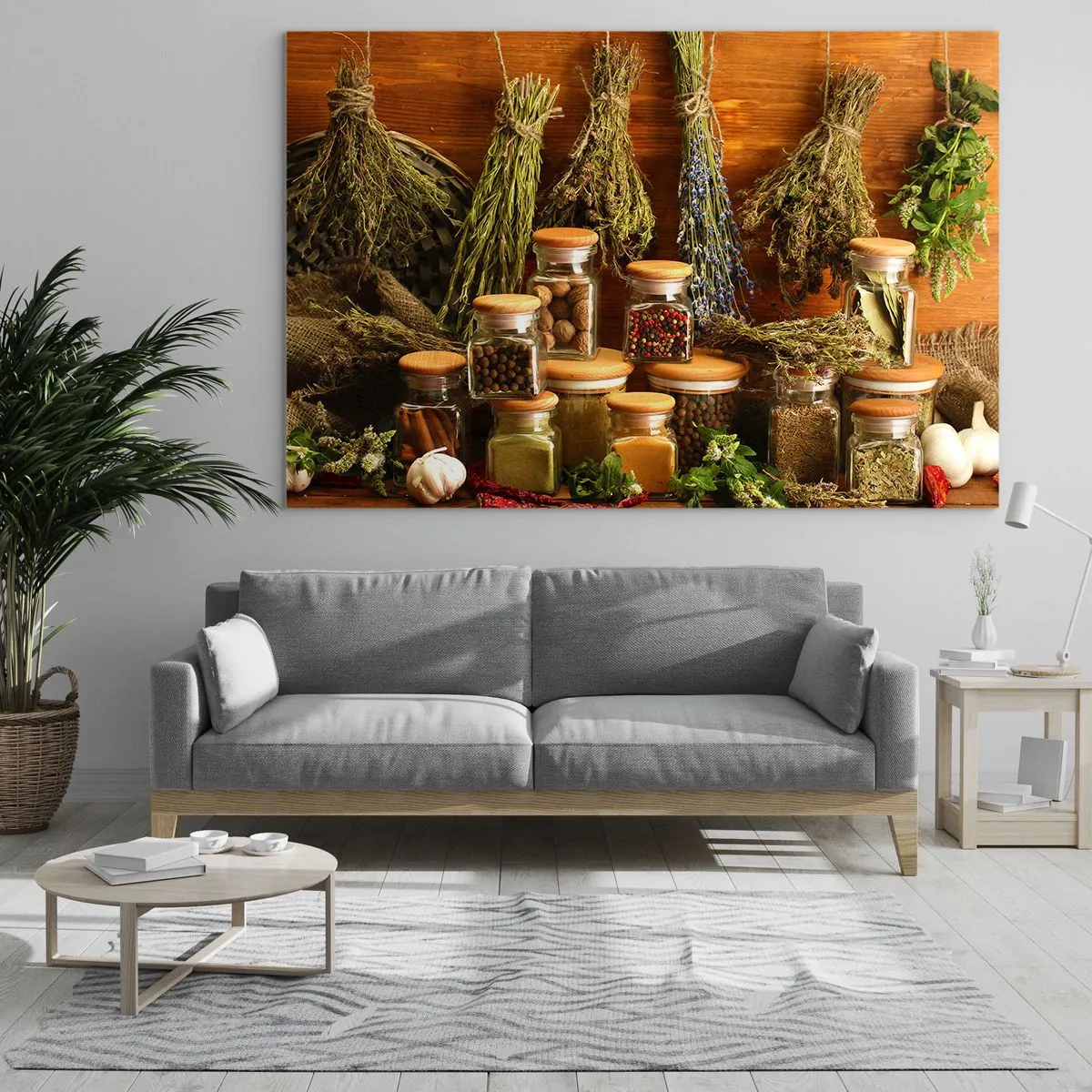 Quadro em vidro - Ervas e especiarias em potes sobre fundo de madeira - 70x50cm - Magias da cozinha - Decoração de parede moderna para a sala de estar e quarto ARTTOR