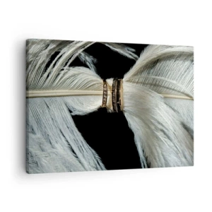 Quadro em tela - Uma pena branca com dois anéis de ouro em um fundo preto - 70x50cm - ...todos os dias da nossa vida... - Decoração de parede moderna para a sala de estar e quarto ARTTOR