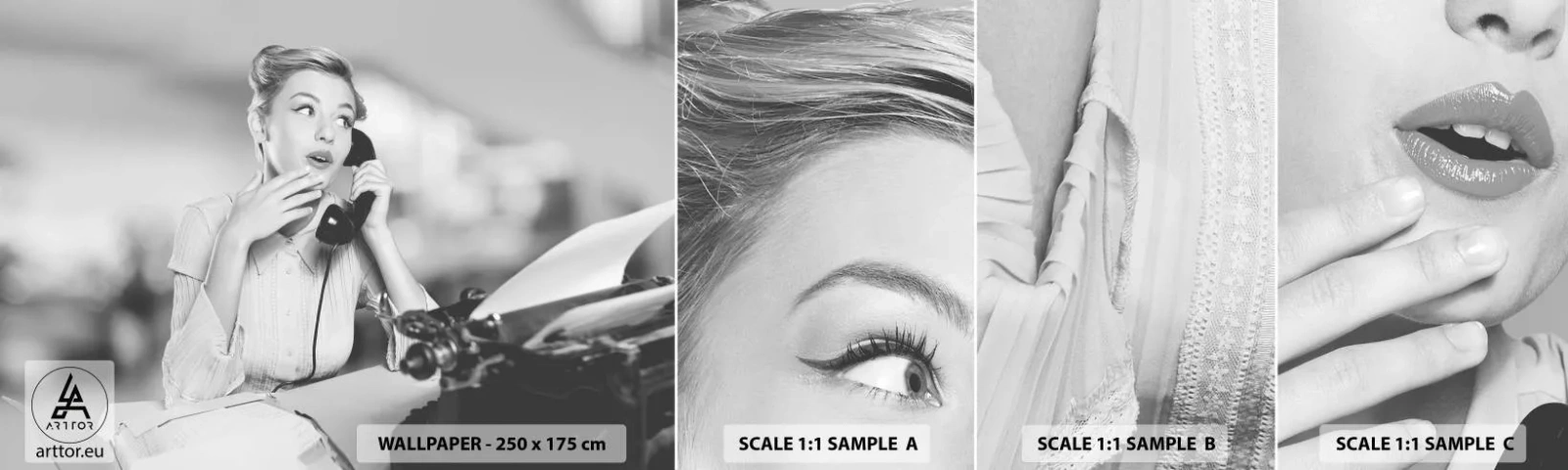 Amostra de papel de parede autocolante Deluxe Sticker - Olá, estes são os anos 50. - Vintage, Preto e branco, Retrô - 100x30 cm