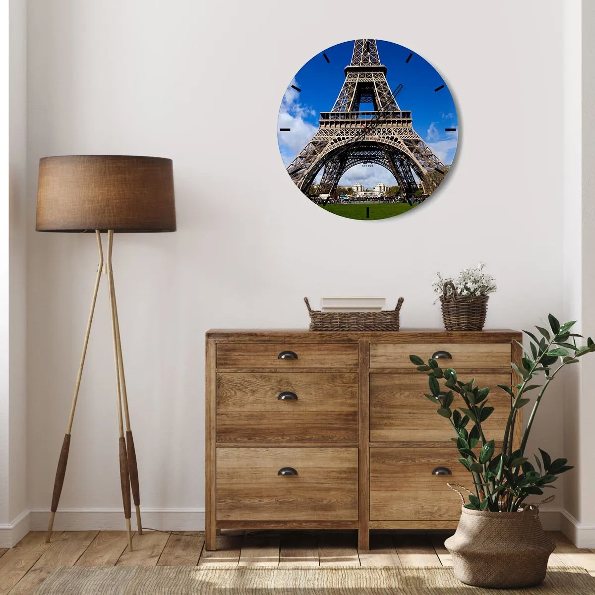 Relógio de parede - Relógio em vidro - A Torre Eiffel contra um céu azul - 30x30cm - Toda Paris aos seus pés - Decoração de parede moderna para a sala de estar, cozinha e quarto ARTTOR