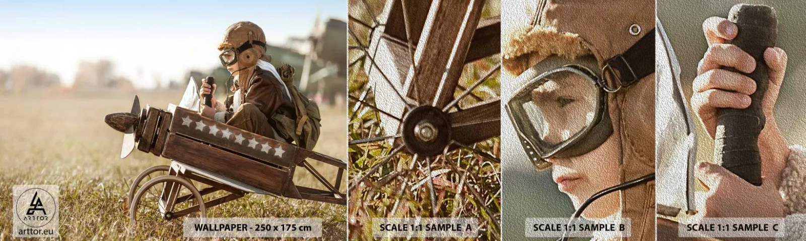 Amostra de papel de parede Premium Sand - O início rumo a um sonho - Garoto, Avião, Vintage - 100x30 cm