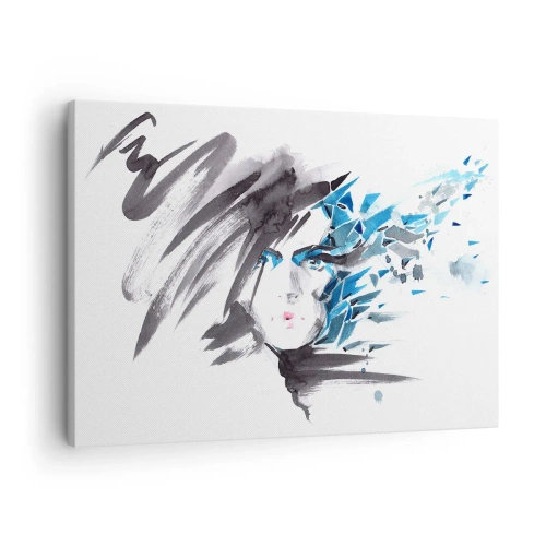 Quadro em tela - Pintura facial artística em aquarela com detalhes em azul - 70x50cm - Retrato sensual em cinza e azul - Decoração de parede moderna para a sala de estar e quarto ARTTOR