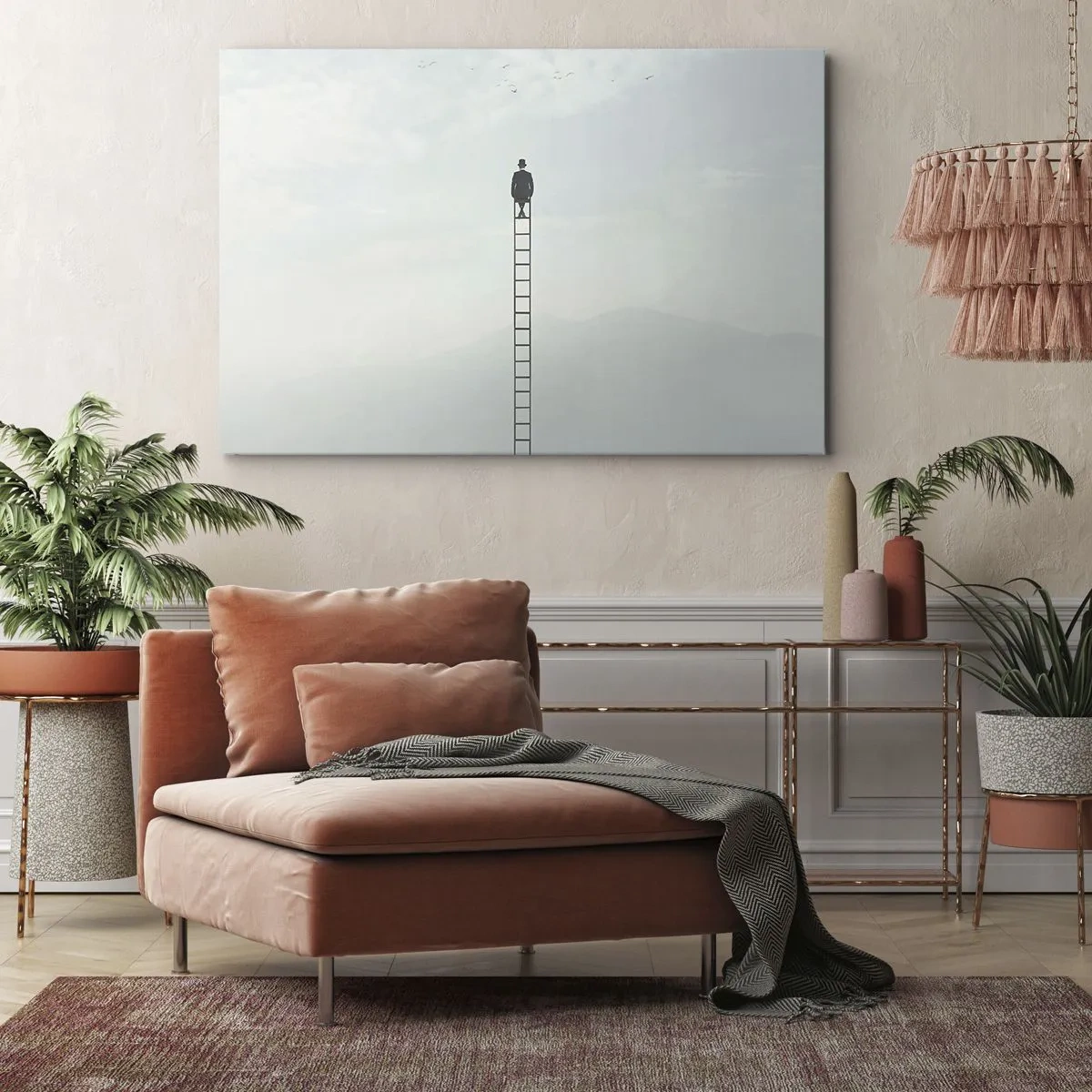 Quadro em tela - Um homem em uma escada subindo em direção ao céu - 70x50cm - Vá além - Decoração de parede moderna para a sala de estar e quarto ARTTOR