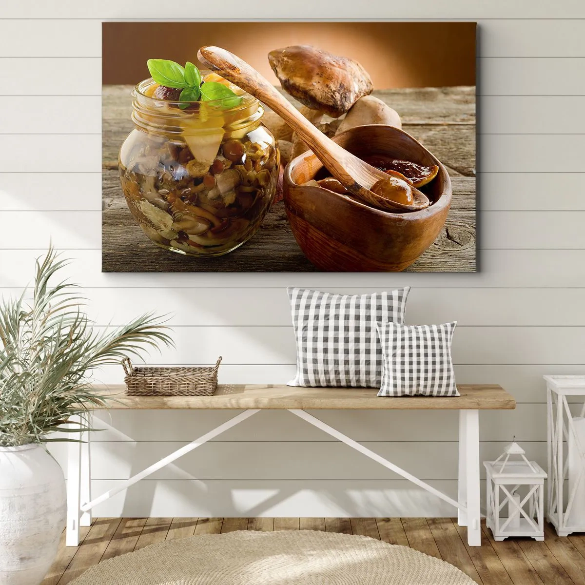 Quadro em tela - Cogumelos naturais em uma jarra sobre uma mesa rústica - 70x50cm - Seja fresco, salgado ou de outono... - Decoração de parede moderna para a sala de estar e quarto ARTTOR