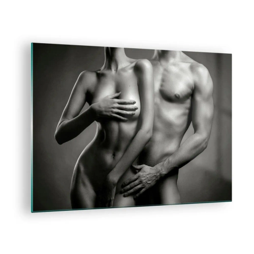 Quadro em vidro - Composição em preto e branco com silhuetas nuas de um casal - 70x50cm - Adão e Eva - Decoração de parede moderna para a sala de estar e quarto ARTTOR