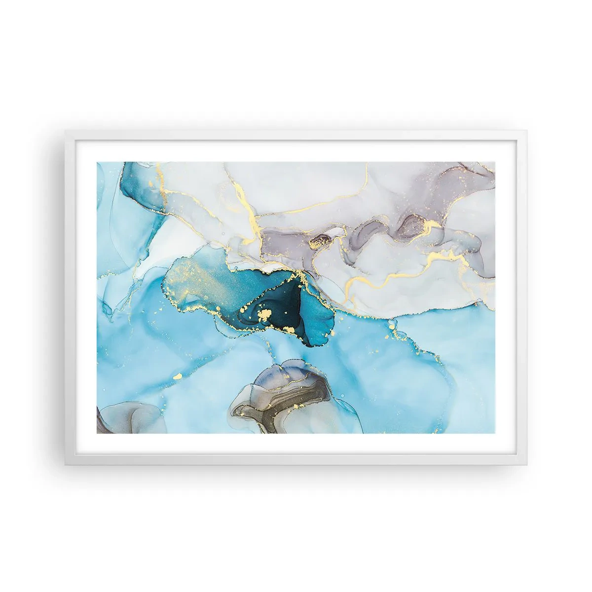 Pôster em moldura branca - Estudo do encontro do cinza e turquesa - 70x50 cm