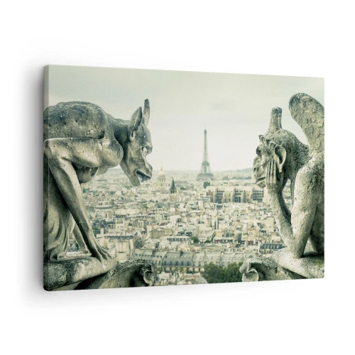 Quadro em tela - Gárgulas com vista para o horizonte de Paris e a Torre Eiffel - 70x50cm - Conversas parisienses - Decoração de parede moderna para a sala de estar e quarto ARTTOR
