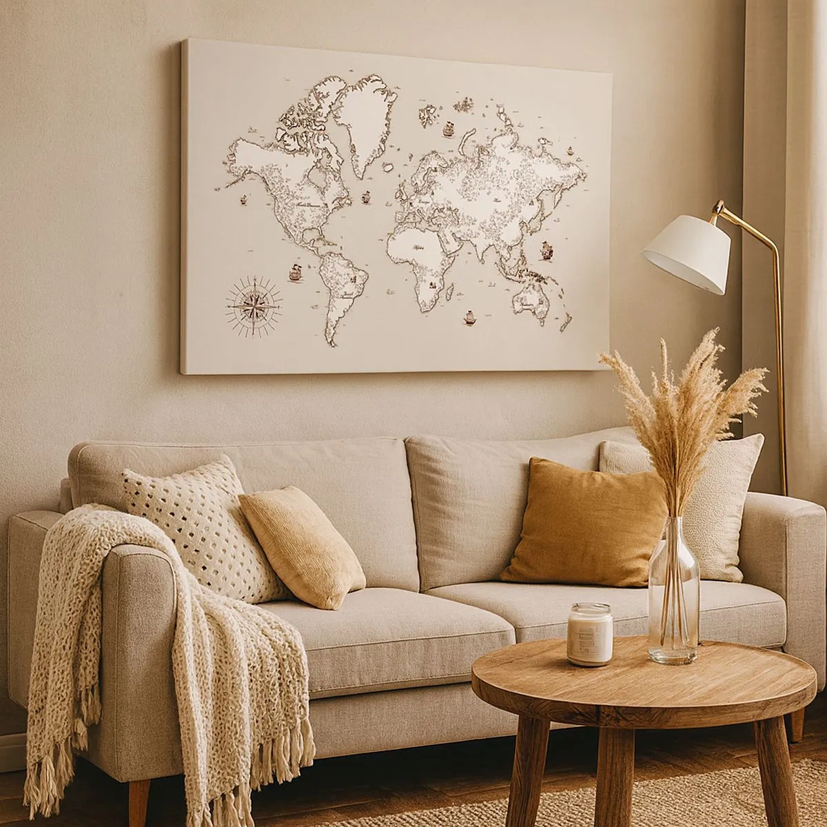 Quadro em tela - Um mapa-múndi estilizado em tons de bege e marrom. - 70x50cm - Uma viagem à volta do mundo - Decoração de parede moderna para a sala de estar e quarto ARTTOR