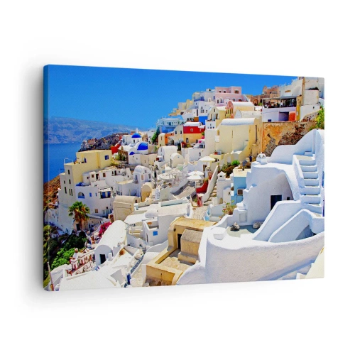 Quadro em tela - Panorama de Santorini com casas brancas e céu azul - 70x50cm - O sonho de um verão grego - Decoração de parede moderna para a sala de estar e quarto ARTTOR