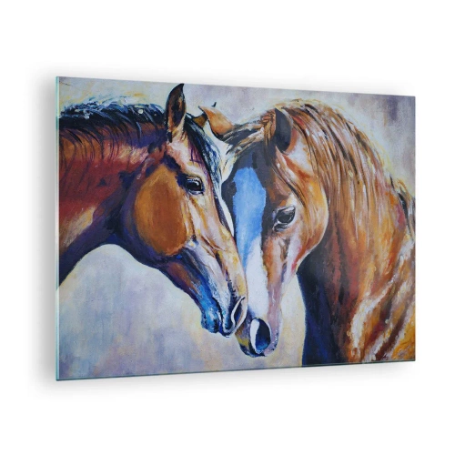 Quadro em vidro - Dois cavalos num gesto terno de proximidade - 70x50cm - Isso é amizade? Isso é amor? - Decoração de parede moderna para a sala de estar e quarto ARTTOR