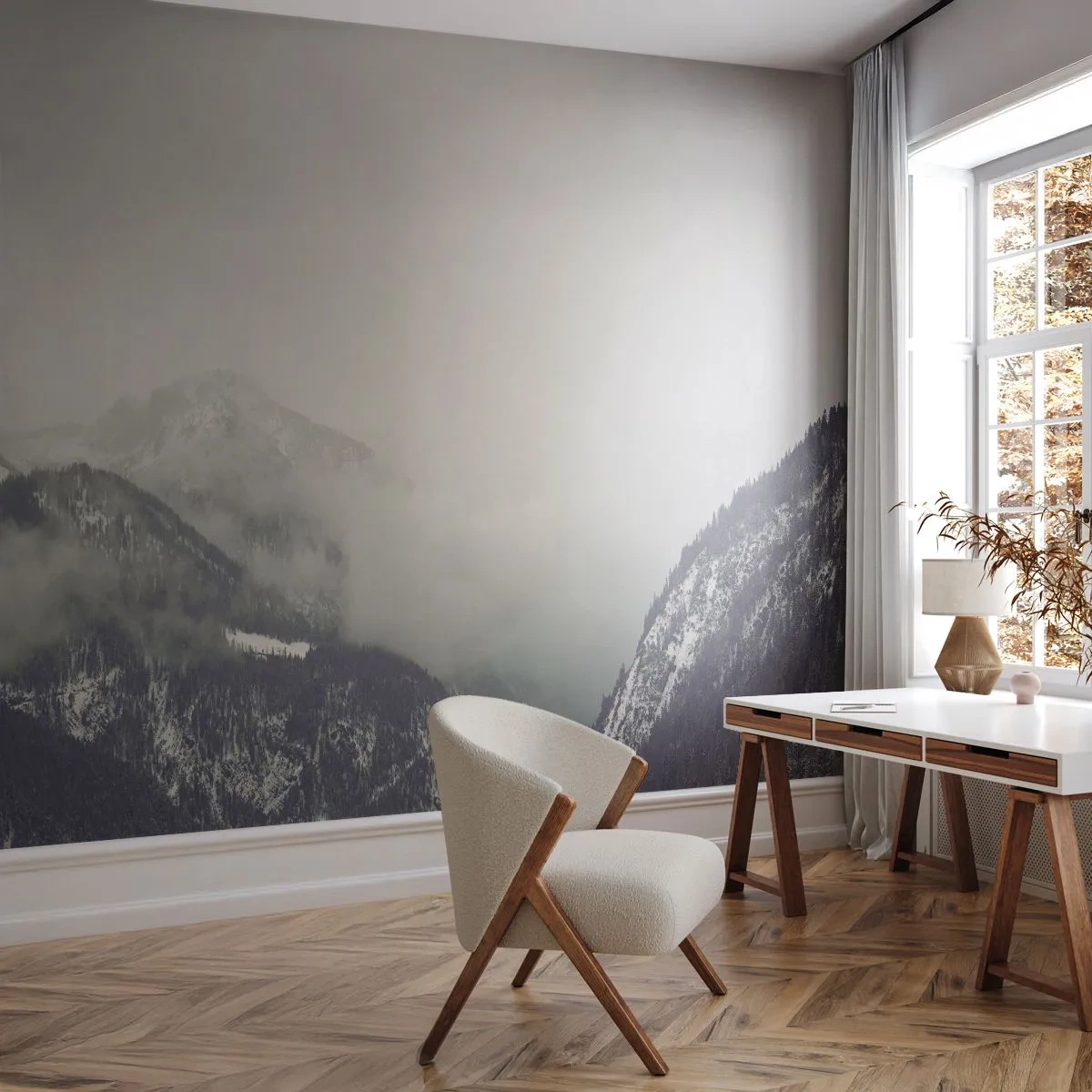 Papel de Parede Standard Eco - Uma paisagem montanhosa envolta em névoa em cores monocromáticas - 100x70cm - Vale nebuloso - Decoração de parede moderna para a sala de estar e quarto ARTTOR