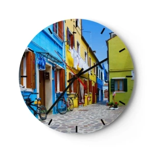 Relógio de parede - Relógio em vidro - Casas coloridas com uma rua estreita de paralelepípedos - 30x30cm - Beco doce e pastel - Decoração de parede moderna para a sala de estar, cozinha e quarto ARTTOR