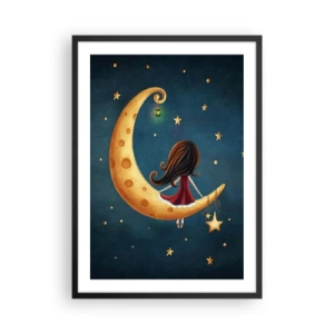 Pôster com moldura preta - Uma garota na lua cercada por estrelas e uma lanterna - 50x70cm - Uma vez... - Decoração de parede moderna para a sala de estar e quarto ARTTOR