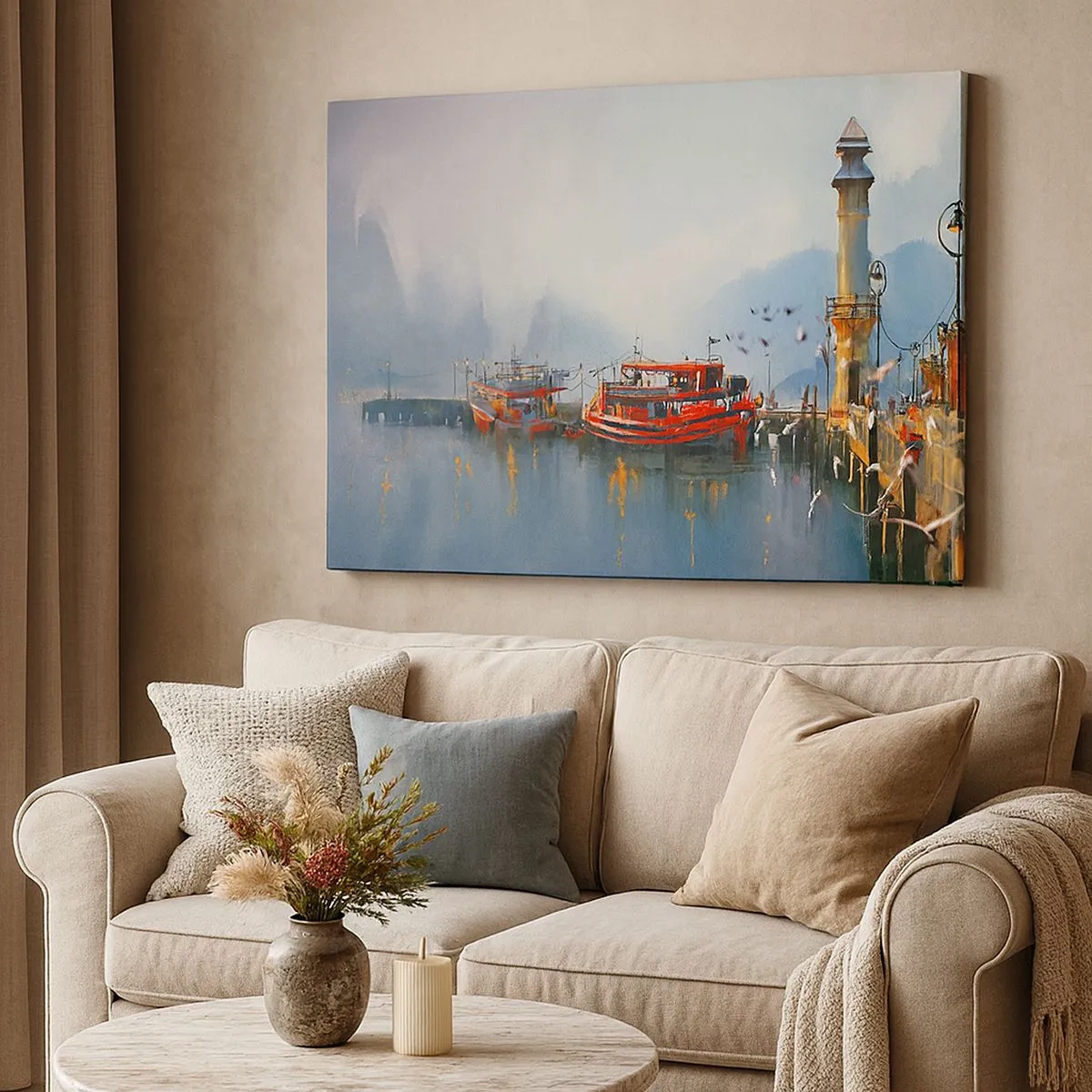 Quadro em tela - Um porto com barcos vermelhos cercados por uma paisagem enevoada - 70x50cm - No fim do mundo - Decoração de parede moderna para a sala de estar e quarto ARTTOR
