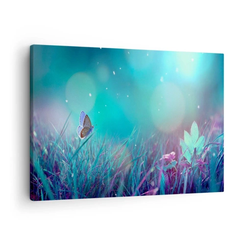 Quadro em tela - Uma borboleta na grama à luz de reflexos borrados - 70x50cm - A vida secreta do prado - Decoração de parede moderna para a sala de estar e quarto ARTTOR