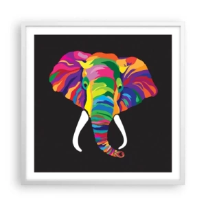 Pôster em moldura branca - O elefante que adorava banhar-se no arco-íris - 60x60 cm