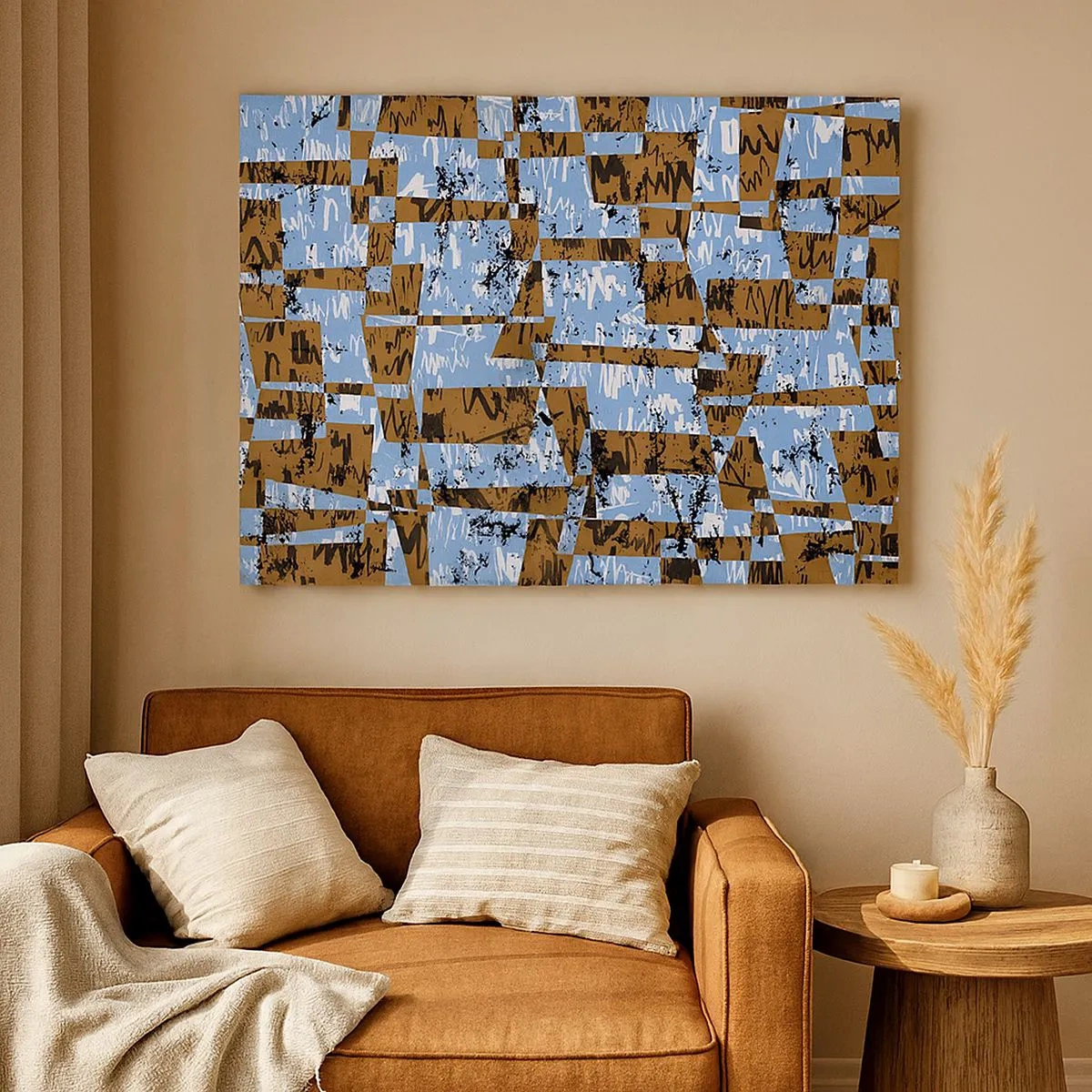 Quadro em tela - Uma composição abstrata de retângulos em tons de marrom e azul. - 70x50cm - Recorte não popular - Decoração de parede moderna para a sala de estar e quarto ARTTOR