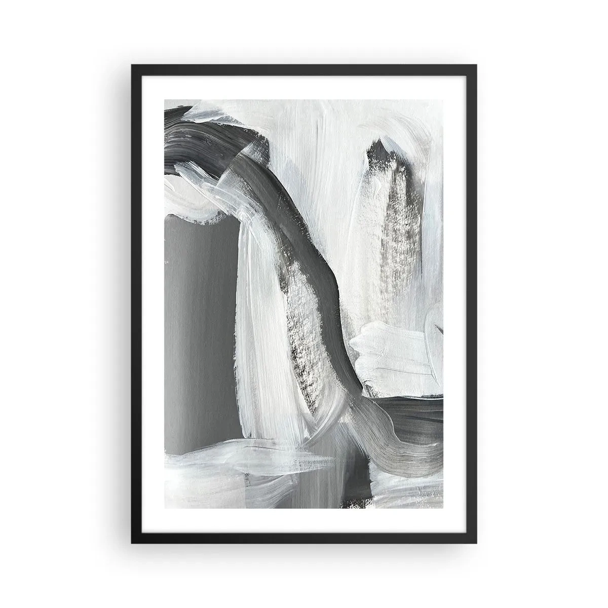 Pôster com moldura preta - Composição abstrata de preto, branco e cinza - 50x70cm - Um movimento decisivo - Decoração de parede moderna para a sala de estar e quarto ARTTOR