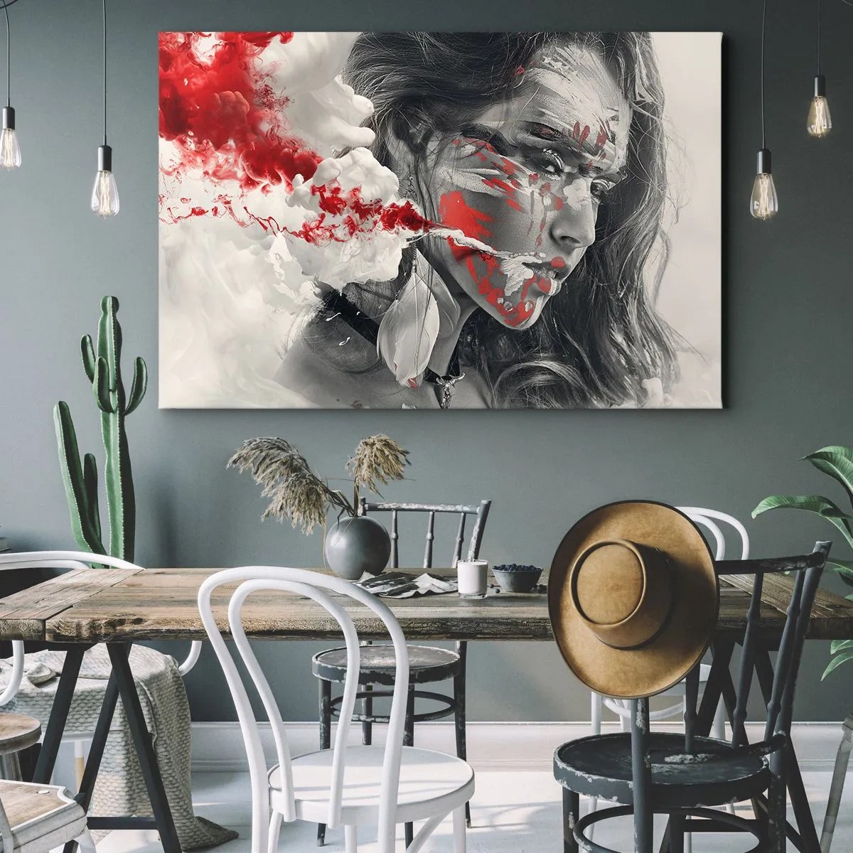 Quadro em tela - Retrato artístico de uma mulher com detalhes abstratos em vermelho - 70x50cm - Nos fumos do absurdo - Decoração de parede moderna para a sala de estar e quarto ARTTOR