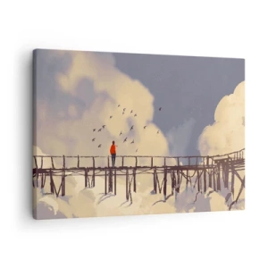 Quadro em tela - Uma figura em uma ponte entre nuvens com pássaros no céu - 70x50cm - Saudade azul - Decoração de parede moderna para a sala de estar e quarto ARTTOR