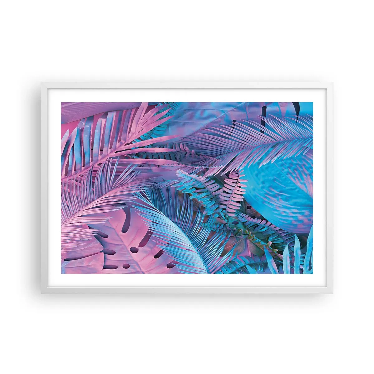 Pôster em moldura branca - Trópicos em rosa e azul - 70x50 cm