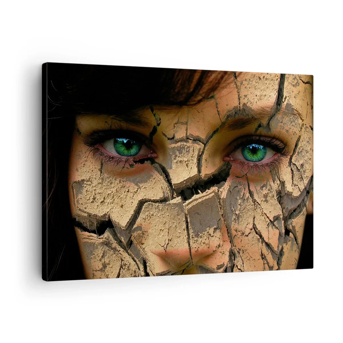 Quadro em tela - O rosto de uma mulher de olhos verdes coberto por uma estrutura de terra rachada - 70x50cm - Admiração e medo ao mesmo tempo - Decoração de parede moderna para a sala de estar e quarto ARTTOR