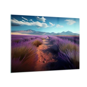 Quadro em vidro - Campos de lavanda ao pôr do sol com vista para as montanhas - 70x50cm - Campos perfumados - Decoração de parede moderna para a sala de estar e quarto ARTTOR