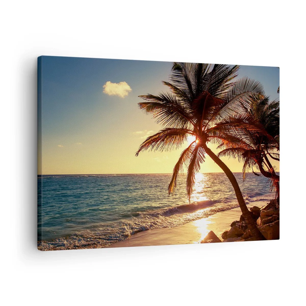 Quadro em tela - Pôr do sol tropical sobre uma praia com palmeiras - 70x50cm - Verão sob as palmeiras - Decoração de parede moderna para a sala de estar e quarto ARTTOR
