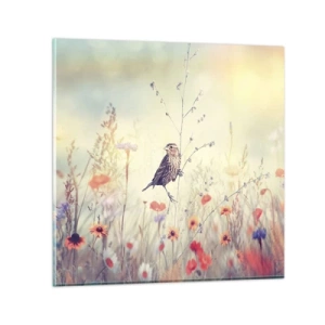 Quadro em vidro - Retrato de um pássaro com um prado no fundo - 40x40 cm