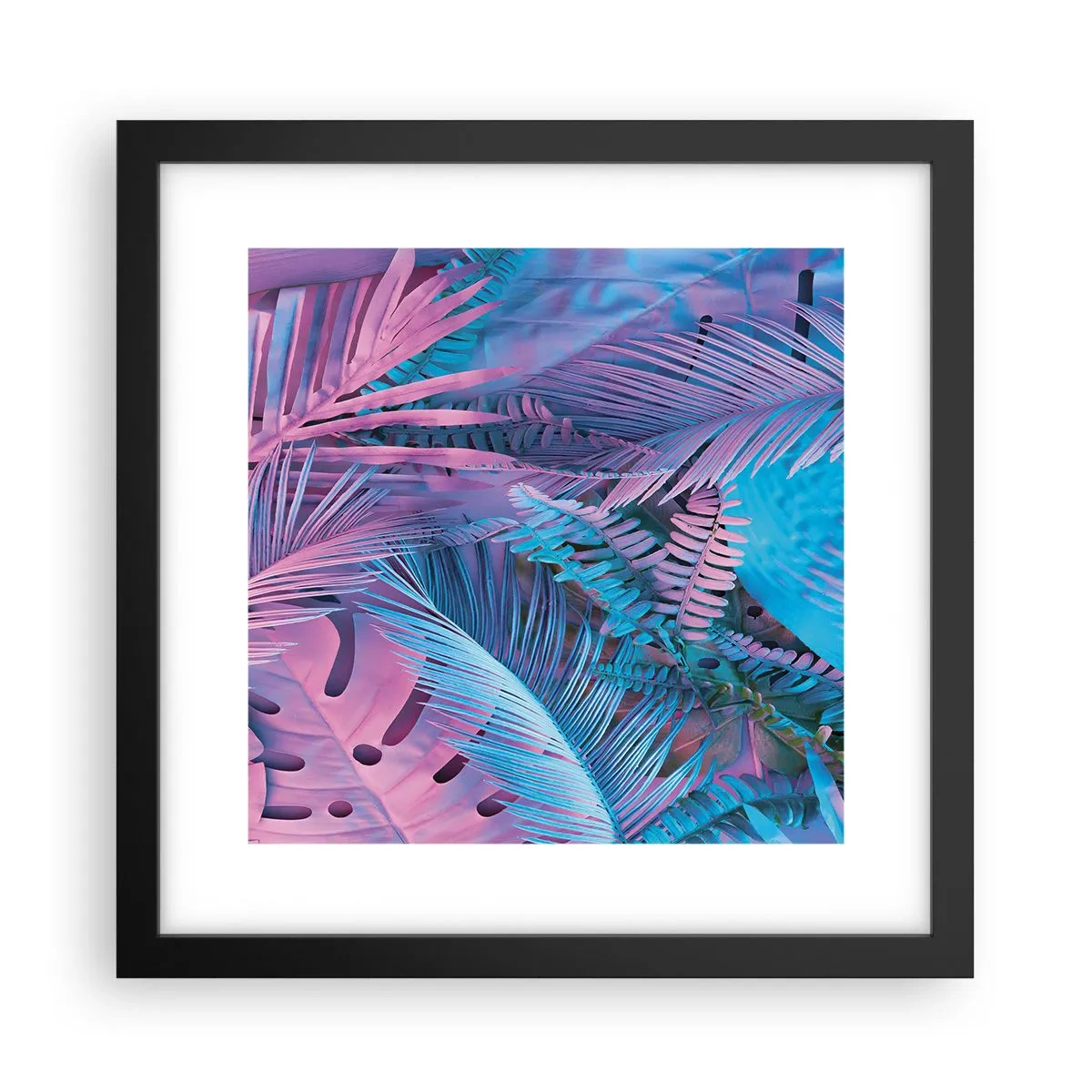 Pôster com moldura preta - Trópicos em rosa e azul - 30x30 cm
