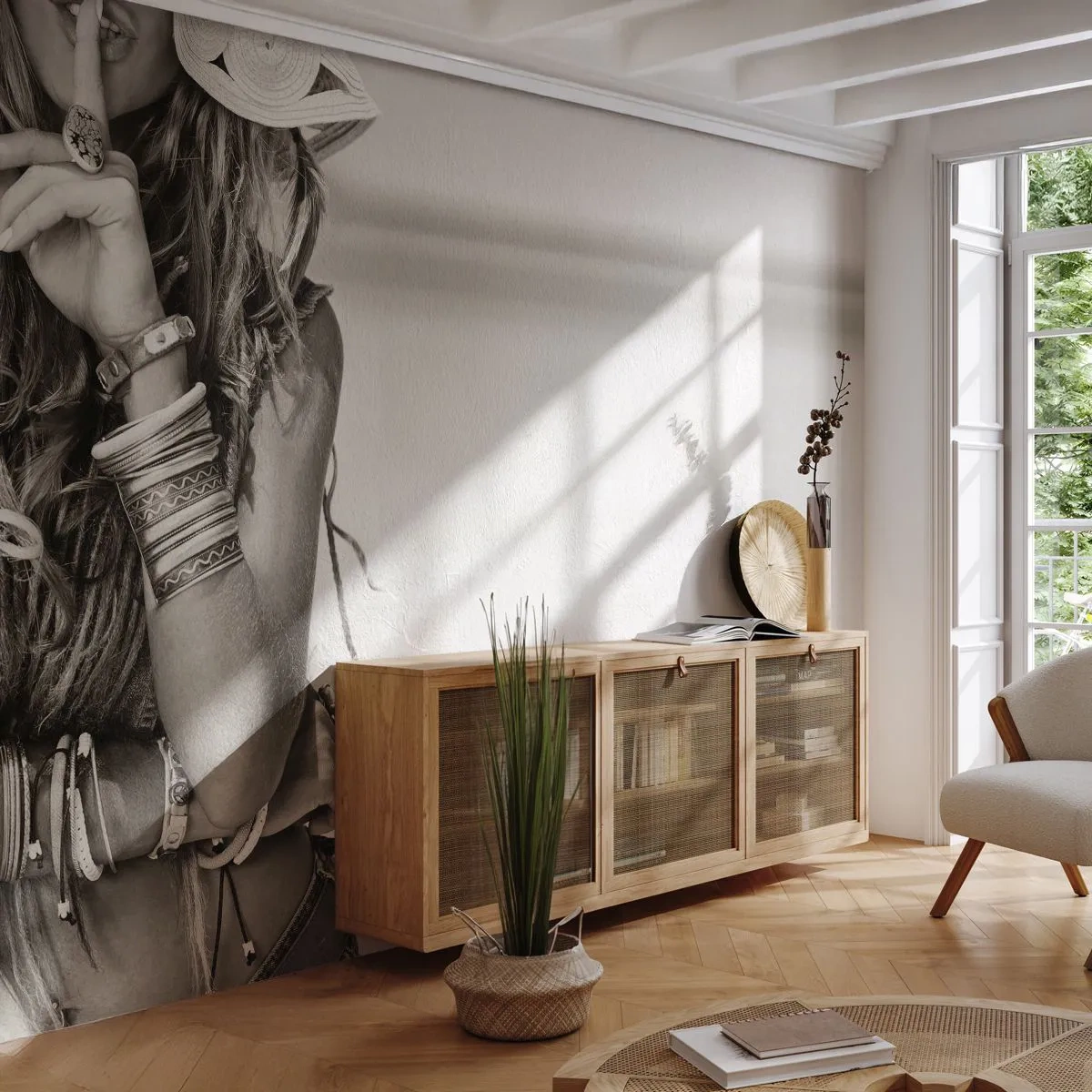 Papel de Parede Standard Eco - Mulher estilosa com joias em tom sépia - 100x70cm - Como uma menina - Decoração de parede moderna para a sala de estar e quarto ARTTOR