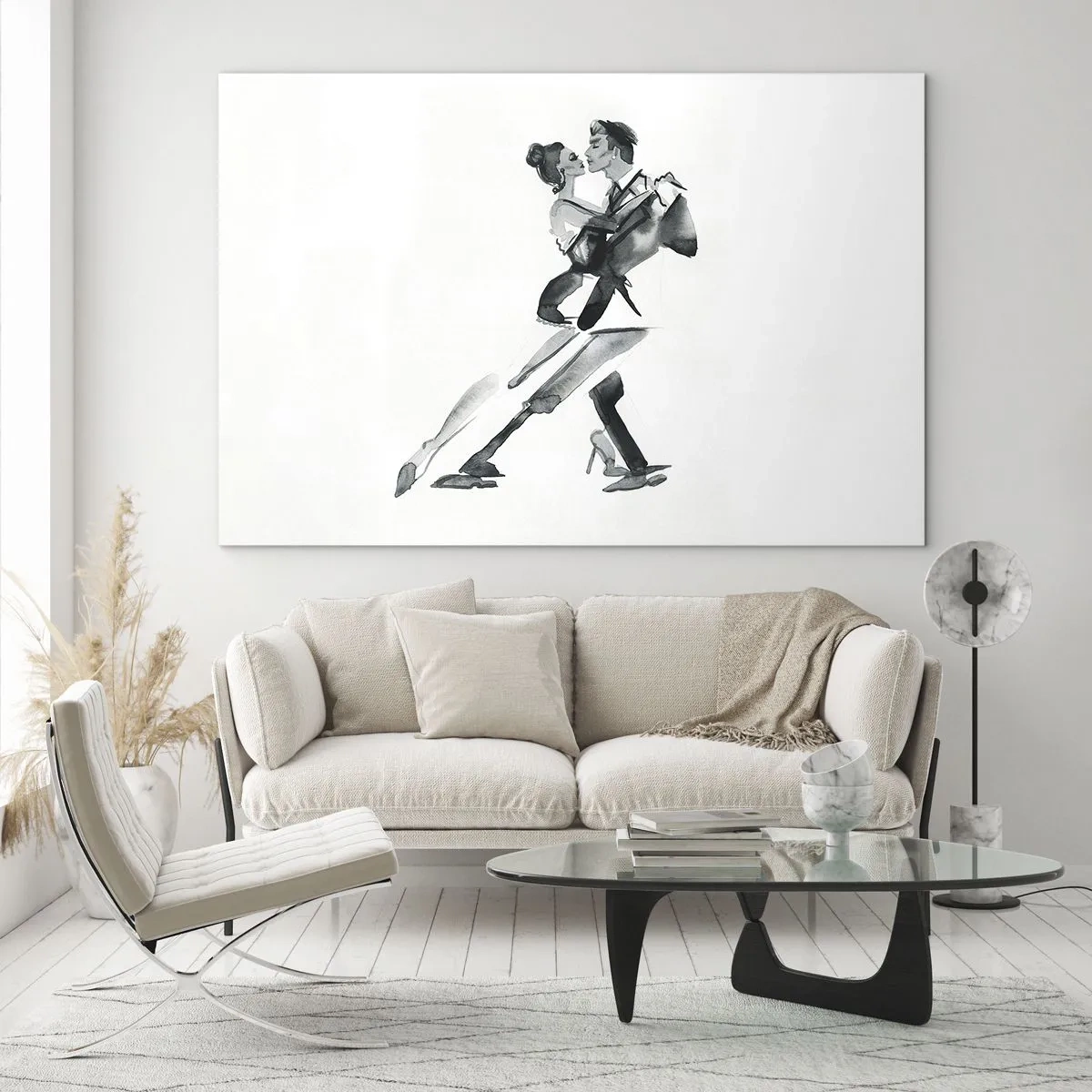 Quadro em vidro - Um casal dançando tango em aquarela preta e branca - 70x50cm - Num só ritmo - Decoração de parede moderna para a sala de estar e quarto ARTTOR