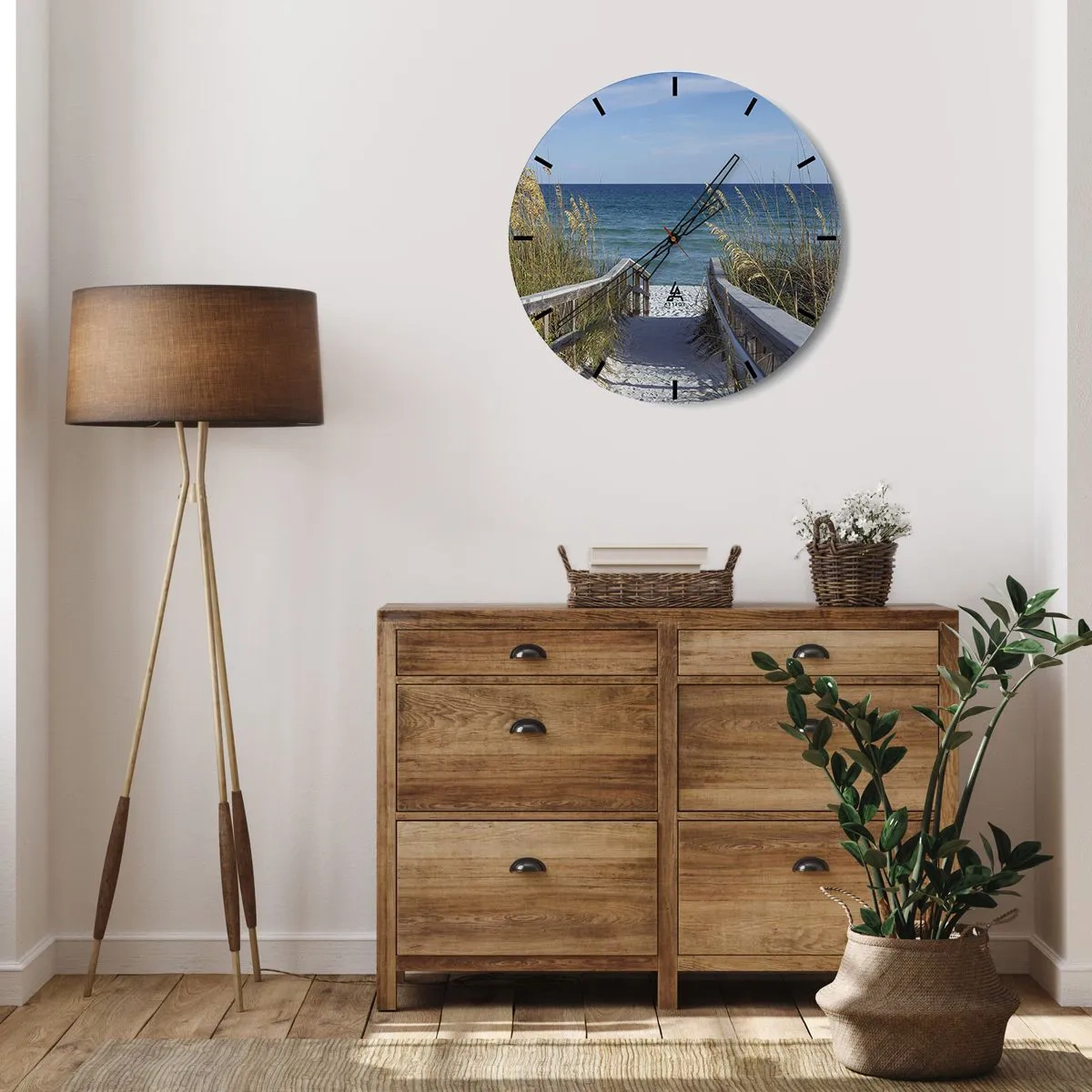 Relógio de parede - Relógio em vidro - Entrada para a praia com vista para o mar - 30x30cm - Ao sol, ao vento - Decoração de parede moderna para a sala de estar, cozinha e quarto ARTTOR