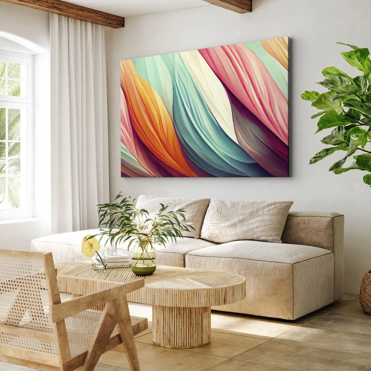 Quadro em tela - Linhas abstratas em cores pastel e vibrantes - 70x50cm - Tecido arco-íris - Decoração de parede moderna para a sala de estar e quarto ARTTOR