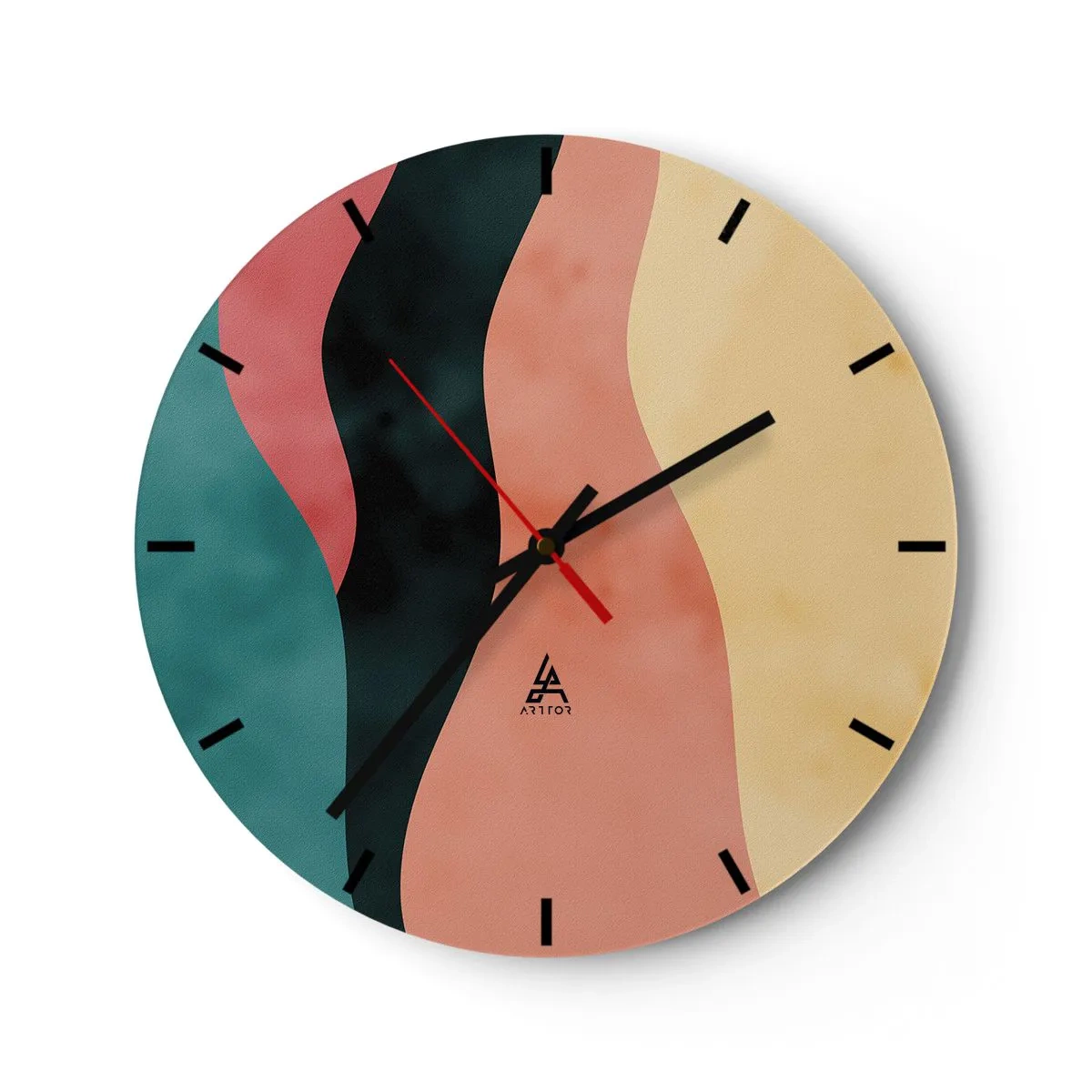 Relógio de parede - Relógio em vidro - Listras onduladas coloridas em tons de turquesa, preto, rosa e amarelo - 30x30cm - Incompatibilidade compatível - Decoração de parede moderna para a sala de estar, cozinha e quarto ARTTOR