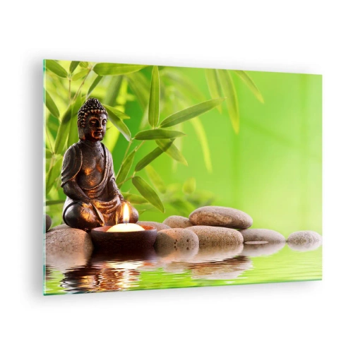 Quadro em vidro - Uma figura de Buda com uma vela acesa em um cenário verde - 70x50cm - A vida é linda - Decoração de parede moderna para a sala de estar e quarto ARTTOR