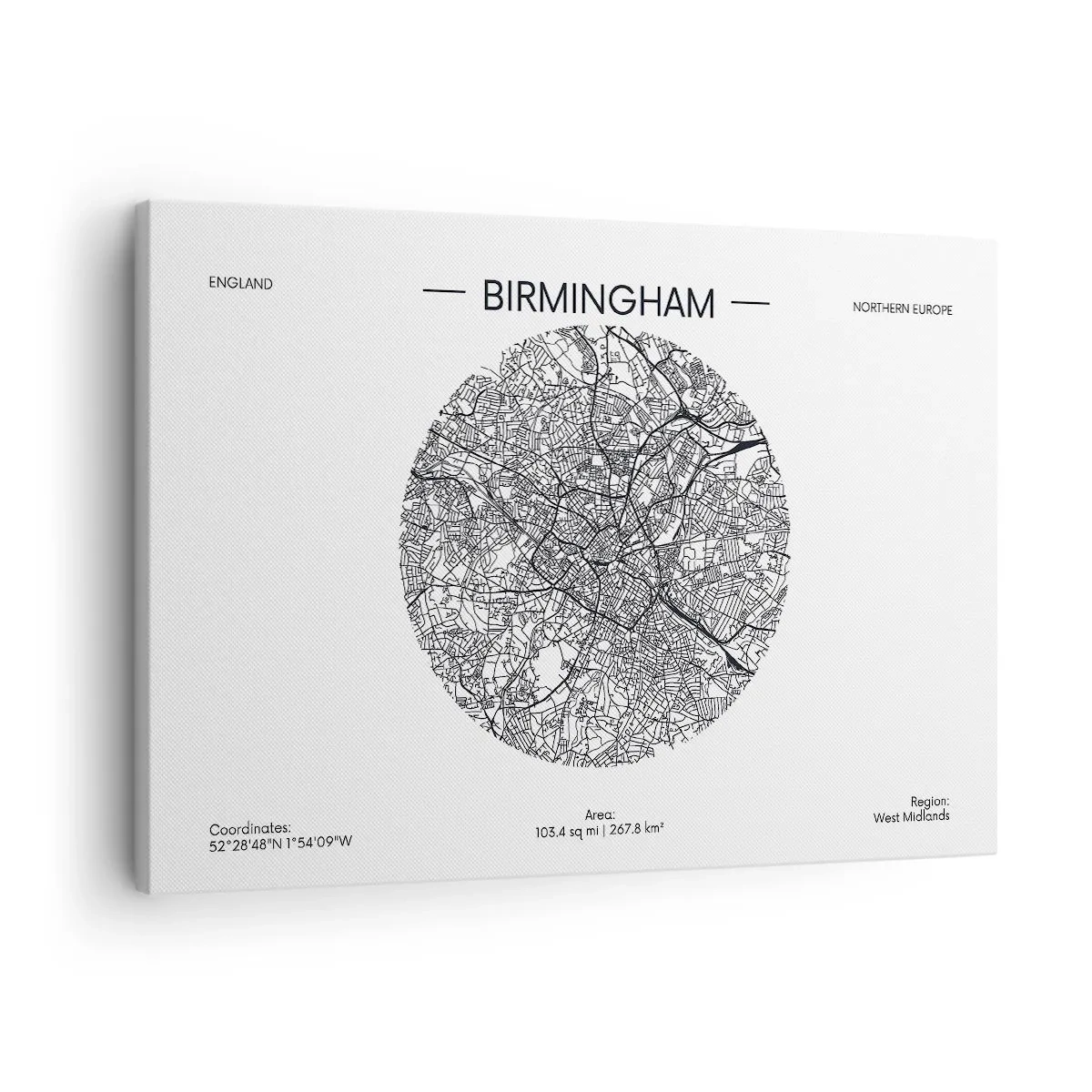 Quadro em tela - Um mapa minimalista em preto e branco de Birmingham com detalhes precisos. - 70x50cm - Anatomia de Birmingham - Decoração de parede moderna para a sala de estar e quarto ARTTOR