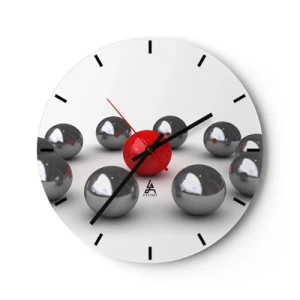 Relógio de parede - Relógio em vidro - Bolas vermelhas e prateadas em um fundo branco, um padrão minimalista - 30x30cm - Círculo em prata e vermelho - Decoração de parede moderna para a sala de estar, cozinha e quarto ARTTOR