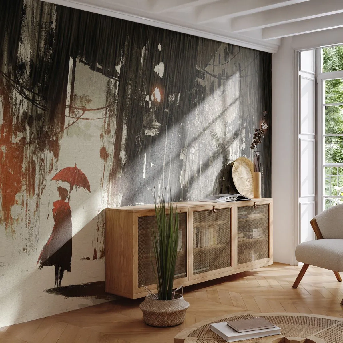 Papel de Parede Premium Sand - A poesia do guarda-chuva vermelho - Cidade, Mulher, Arquitetura - 100x70 cm