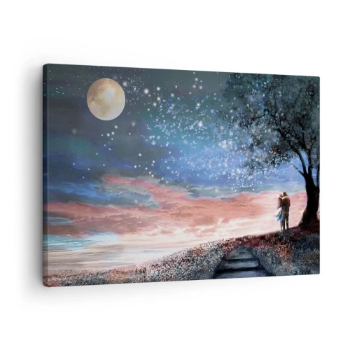 Quadro em tela - Cena romântica de casal sob a lua cheia - 70x50cm - Espetáculo estrelado - Decoração de parede moderna para a sala de estar e quarto ARTTOR