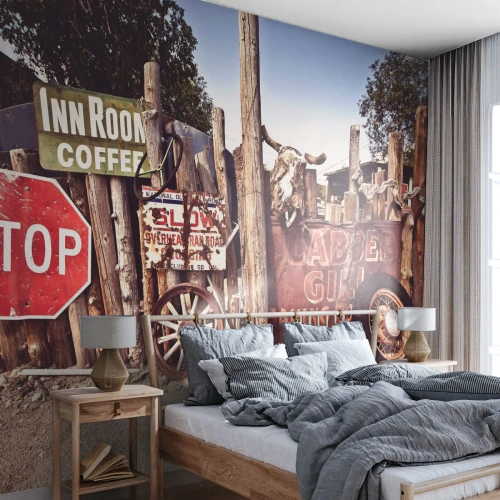 Papel de parede personalizado Premium Sand - E o tempo parou - Placa de trânsito, Rota 66, EUA