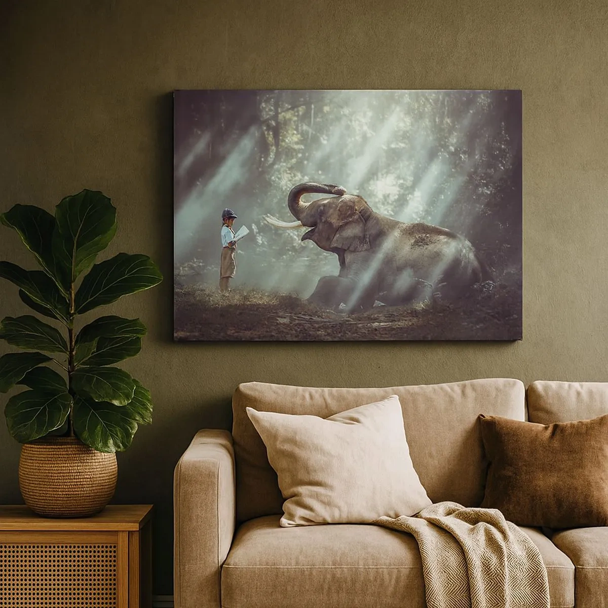 Quadro em tela - Um menino e um elefante em um cenário de floresta iluminado pela luz do sol - 70x50cm - Ouça isto... - Decoração de parede moderna para a sala de estar e quarto ARTTOR