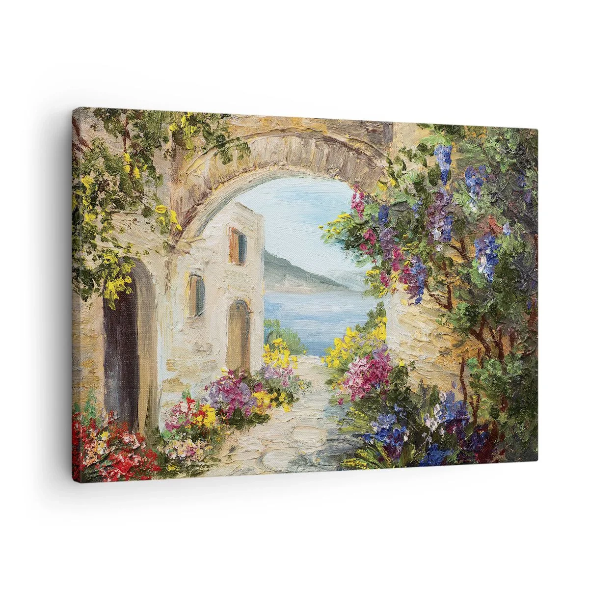 Quadro em tela - Paisagem costeira com edifícios de pedra e flores - 70x50cm - O encanto da província costeira - Decoração de parede moderna para a sala de estar e quarto ARTTOR