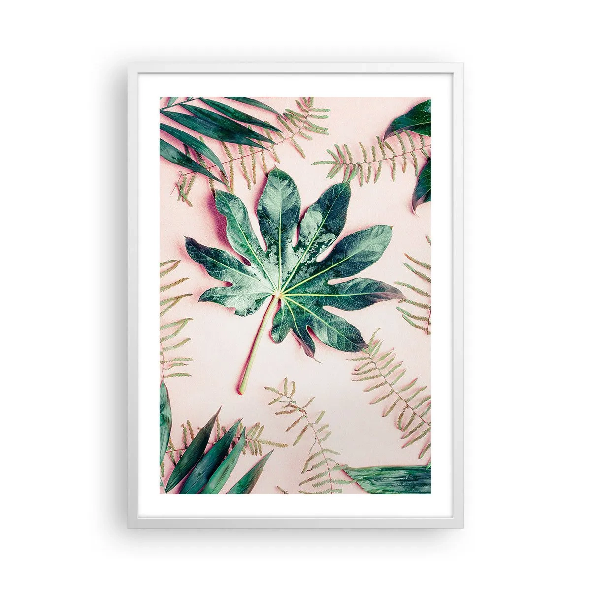 Pôster em moldura branca - Estudo do verde em um fundo rosa - 50x70 cm